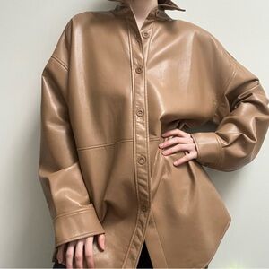 Tan Babaton Vegan Leather Shirt Jacket